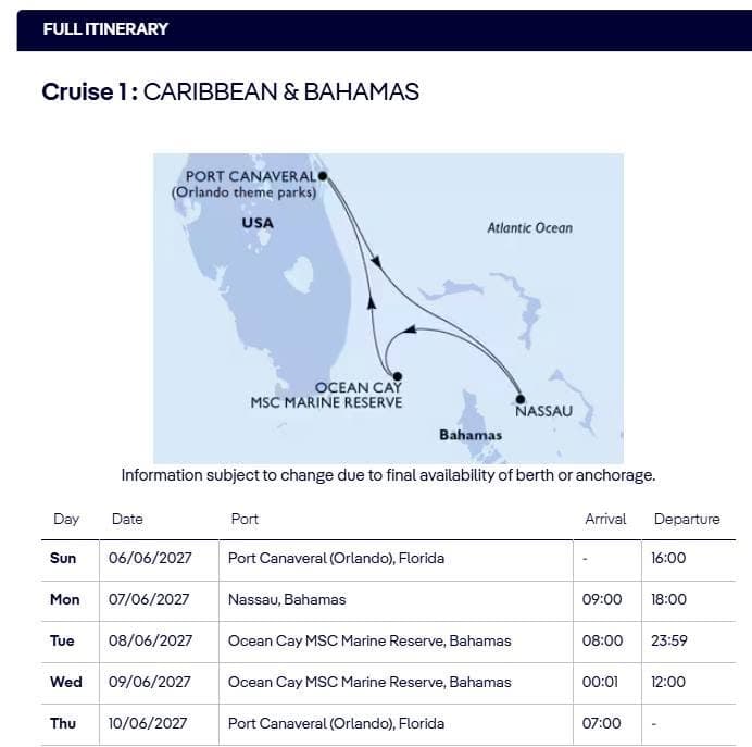 Full cruise itinerary map and schedule